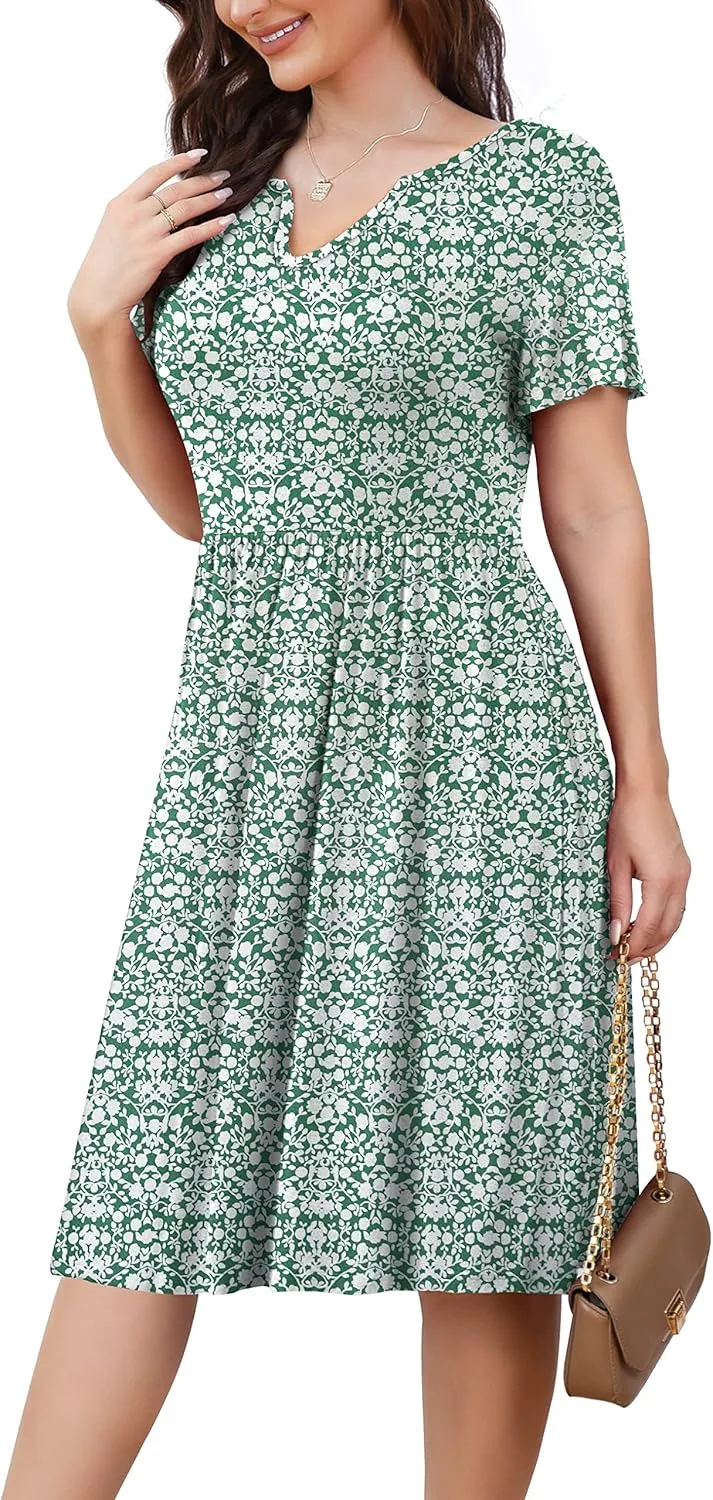 FOLUNSI Women's Plus Size Short Sleeve Pleated Casual Shirt Dress with Pockets