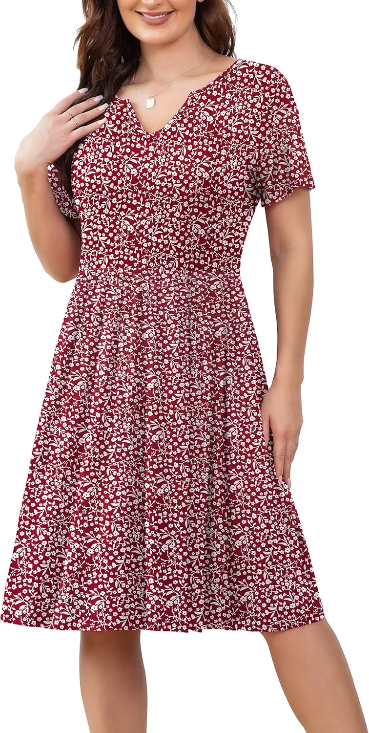 FOLUNSI Women's Plus Size Short Sleeve Pleated Casual Shirt Dress with Pockets