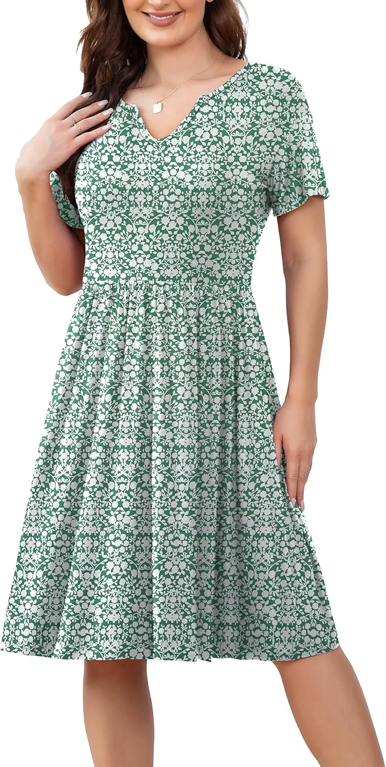 FOLUNSI Women's Plus Size Short Sleeve Pleated Casual Shirt Dress with Pockets