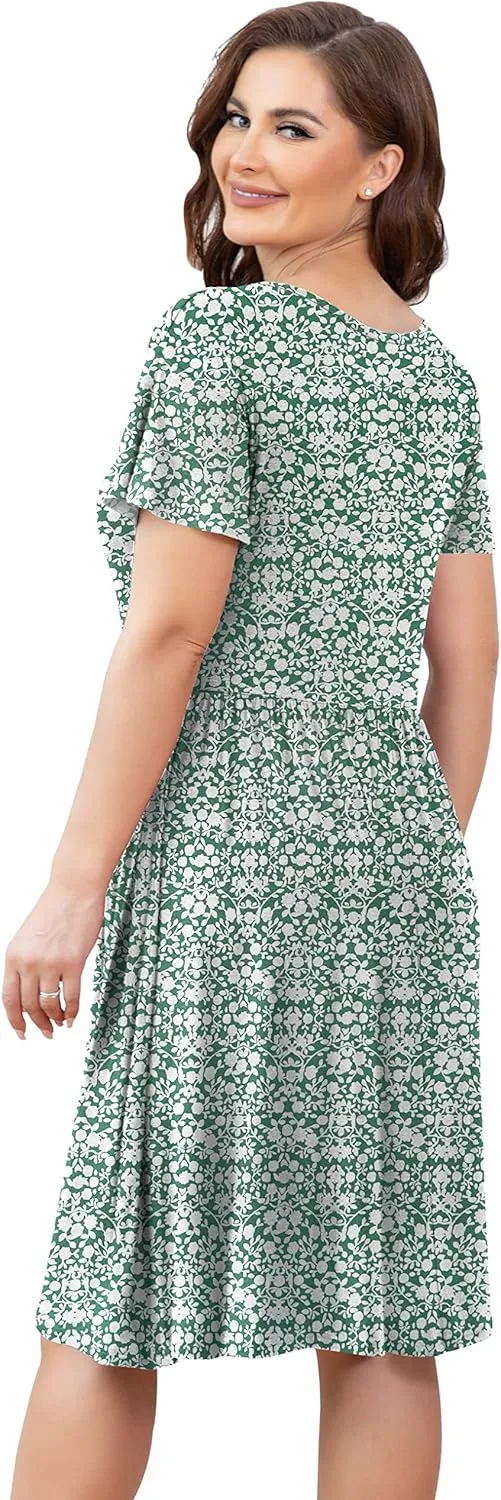 FOLUNSI Women's Plus Size Short Sleeve Pleated Casual Shirt Dress with Pockets
