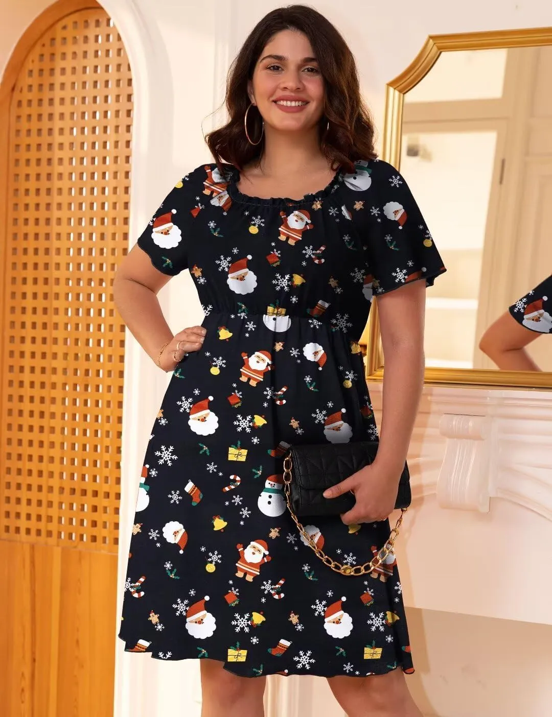 FOLUNSI Women's Plus Size Short Sleeve Pleated Casual Shirt Dress with Pockets