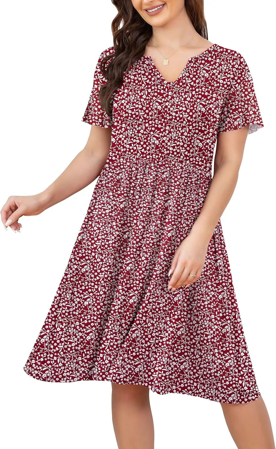 FOLUNSI Women's Plus Size Short Sleeve Pleated Casual Shirt Dress with Pockets
