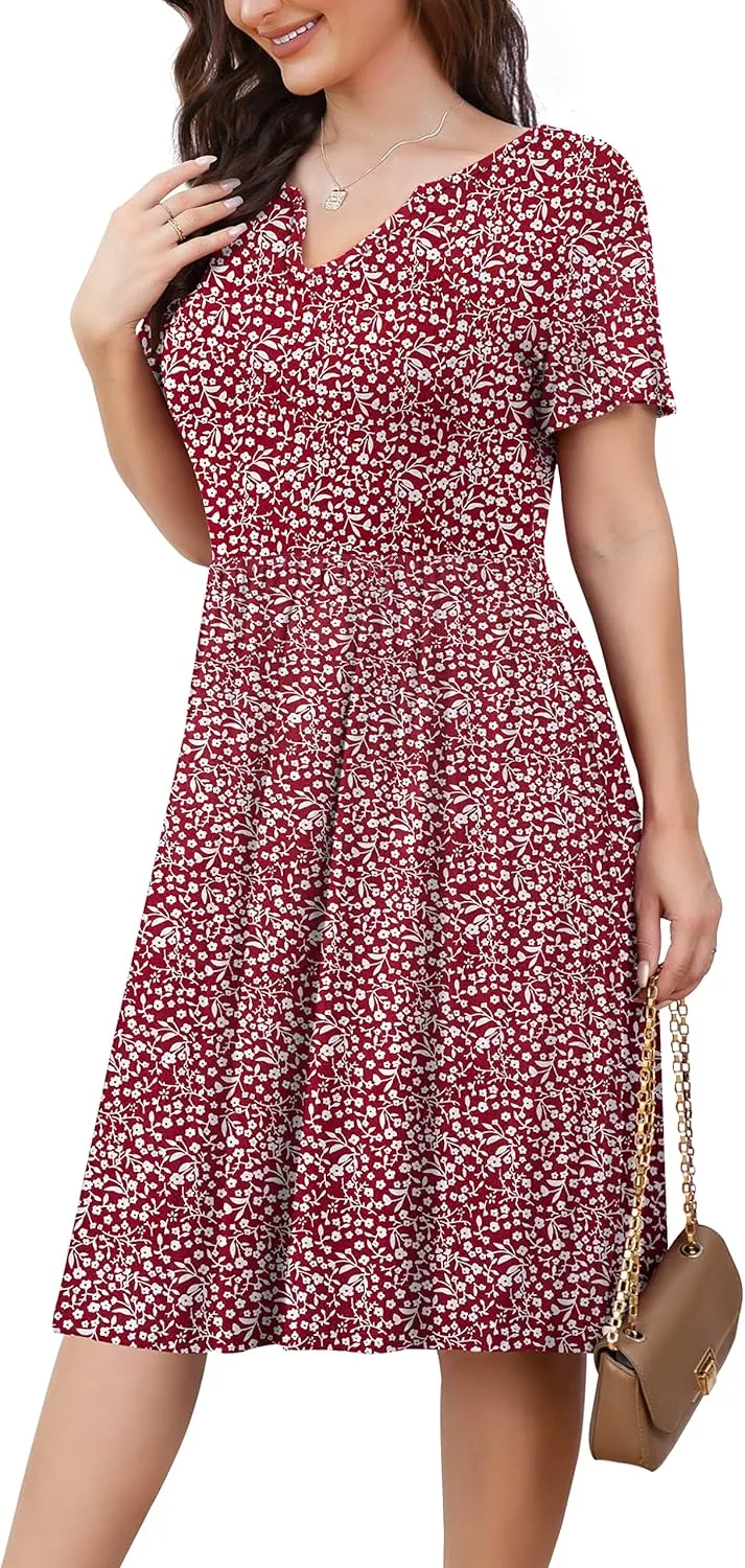 FOLUNSI Women's Plus Size Short Sleeve Pleated Casual Shirt Dress with Pockets