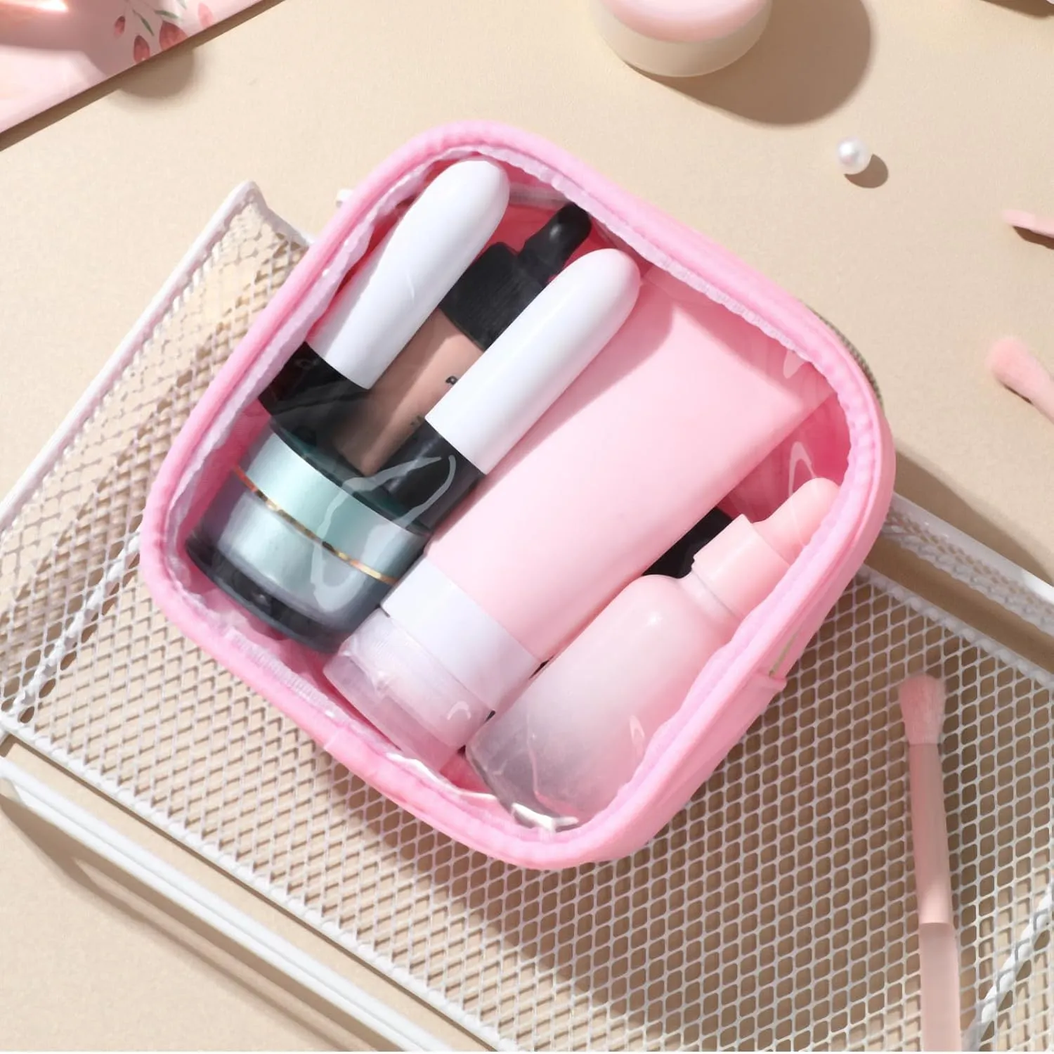 FRCOLOR Mini Makeup Bag Diaper Bag Organizing Pouches Clear Front Zipper Pouch Small Clear Cosmetic Bag Makeup Bag for Purse Pink