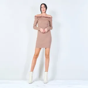 Fur-trim off-shoulder bodycon dress wholesale