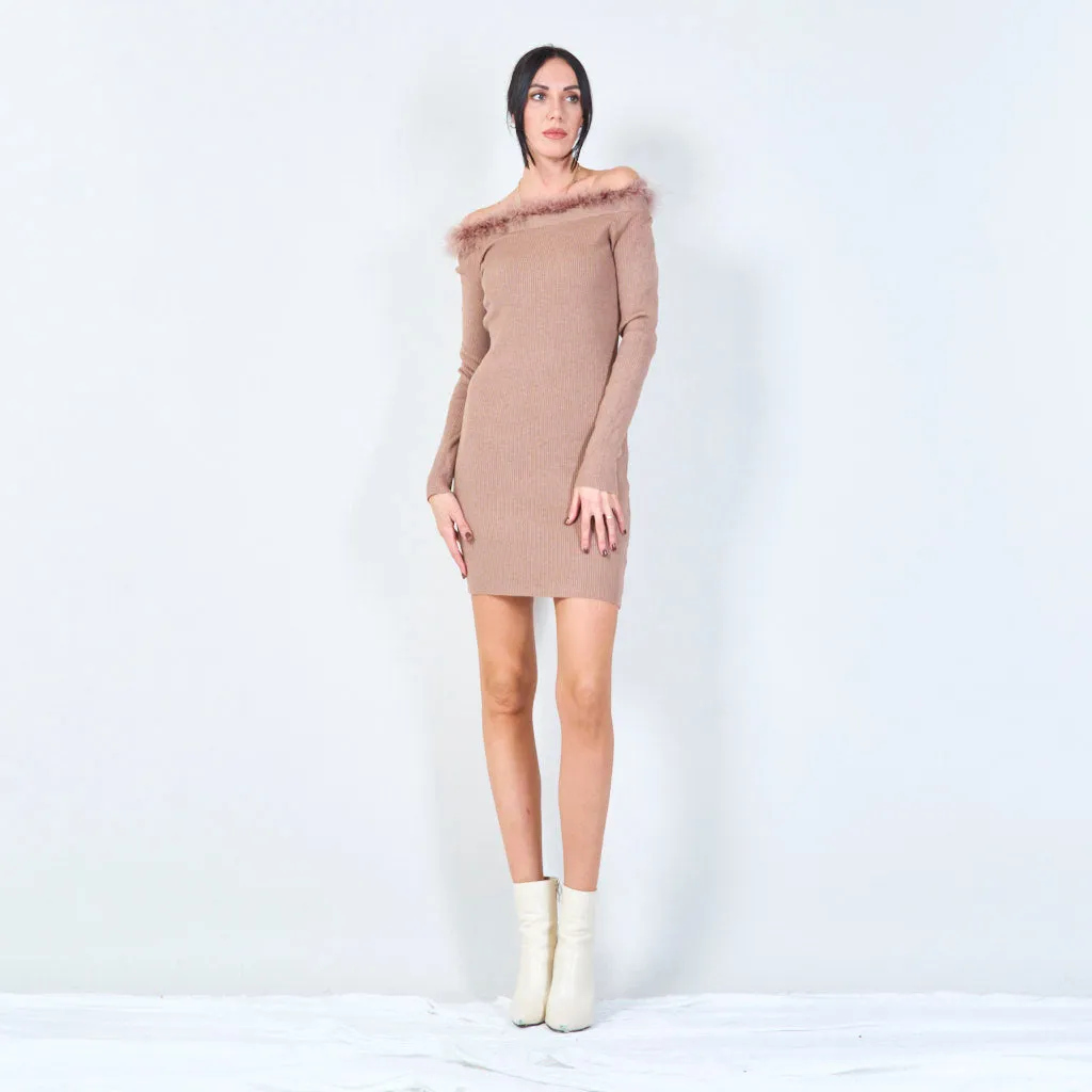 Fur-trim off-shoulder bodycon dress wholesale