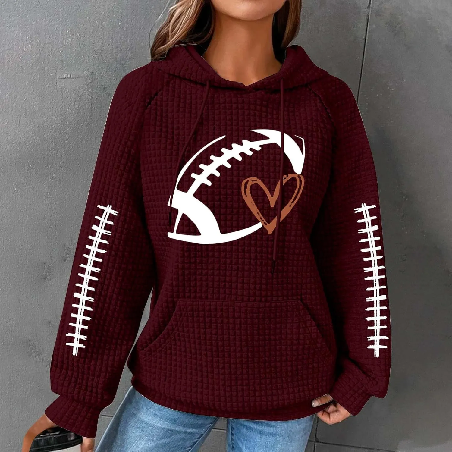 Game Day Shirts Women Long Sleeve Football Graphic Crewneck Sweatshirts Waffle Knit Hoodie Football Season Pullover
