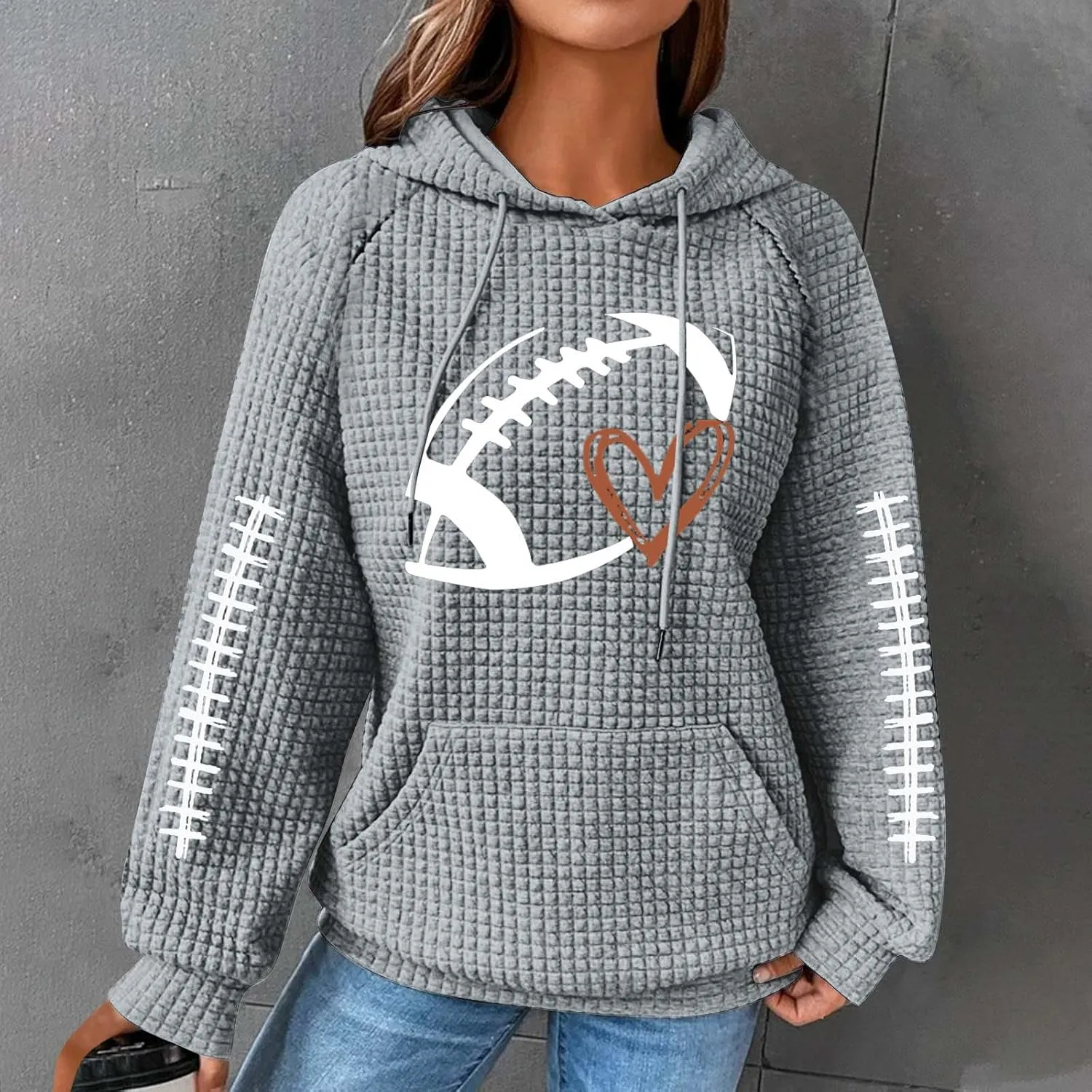 Game Day Shirts Women Long Sleeve Football Graphic Crewneck Sweatshirts Waffle Knit Hoodie Football Season Pullover