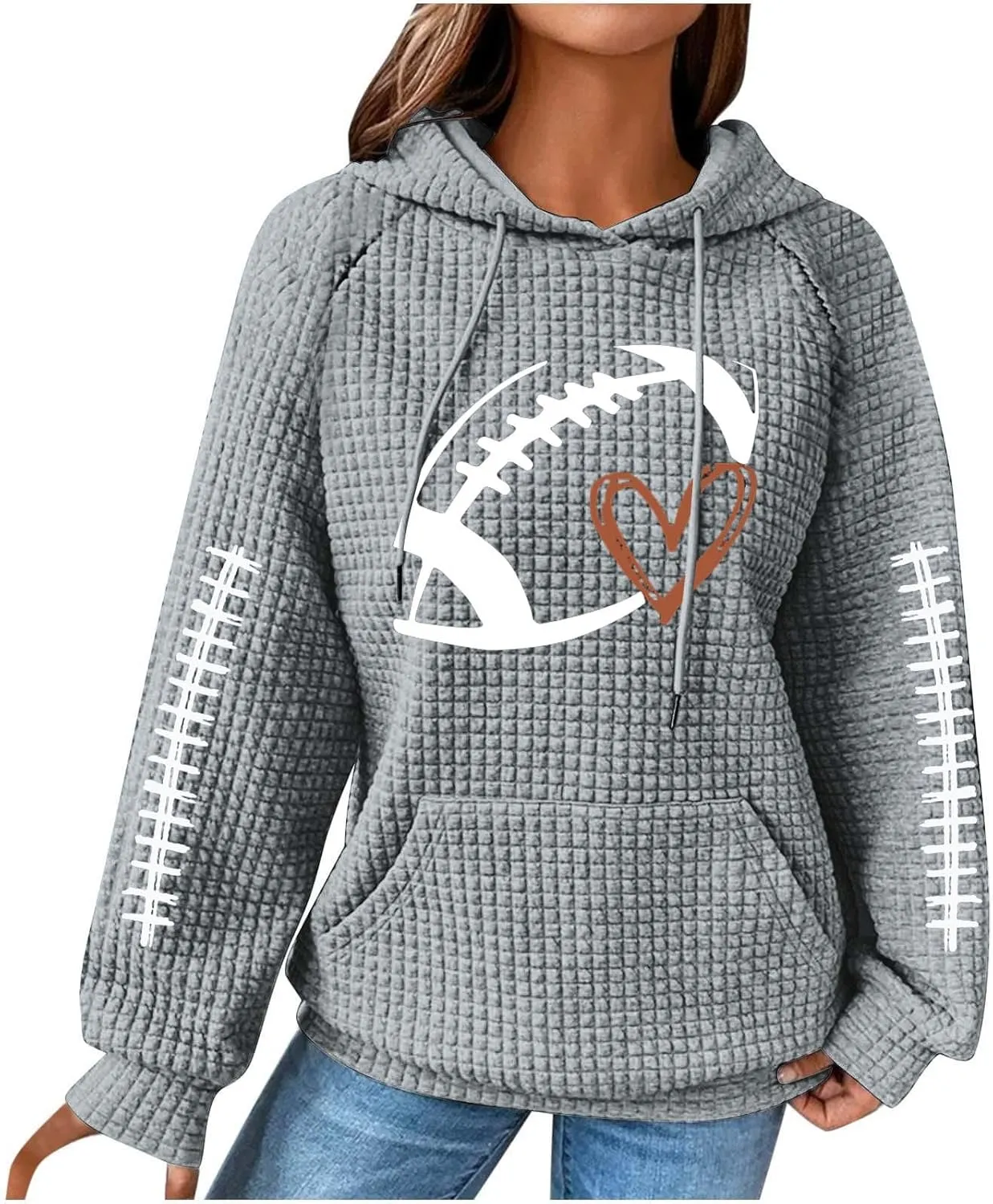 Game Day Shirts Women Long Sleeve Football Graphic Crewneck Sweatshirts Waffle Knit Hoodie Football Season Pullover