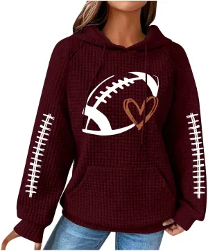 Game Day Shirts Women Long Sleeve Football Graphic Crewneck Sweatshirts Waffle Knit Hoodie Football Season Pullover