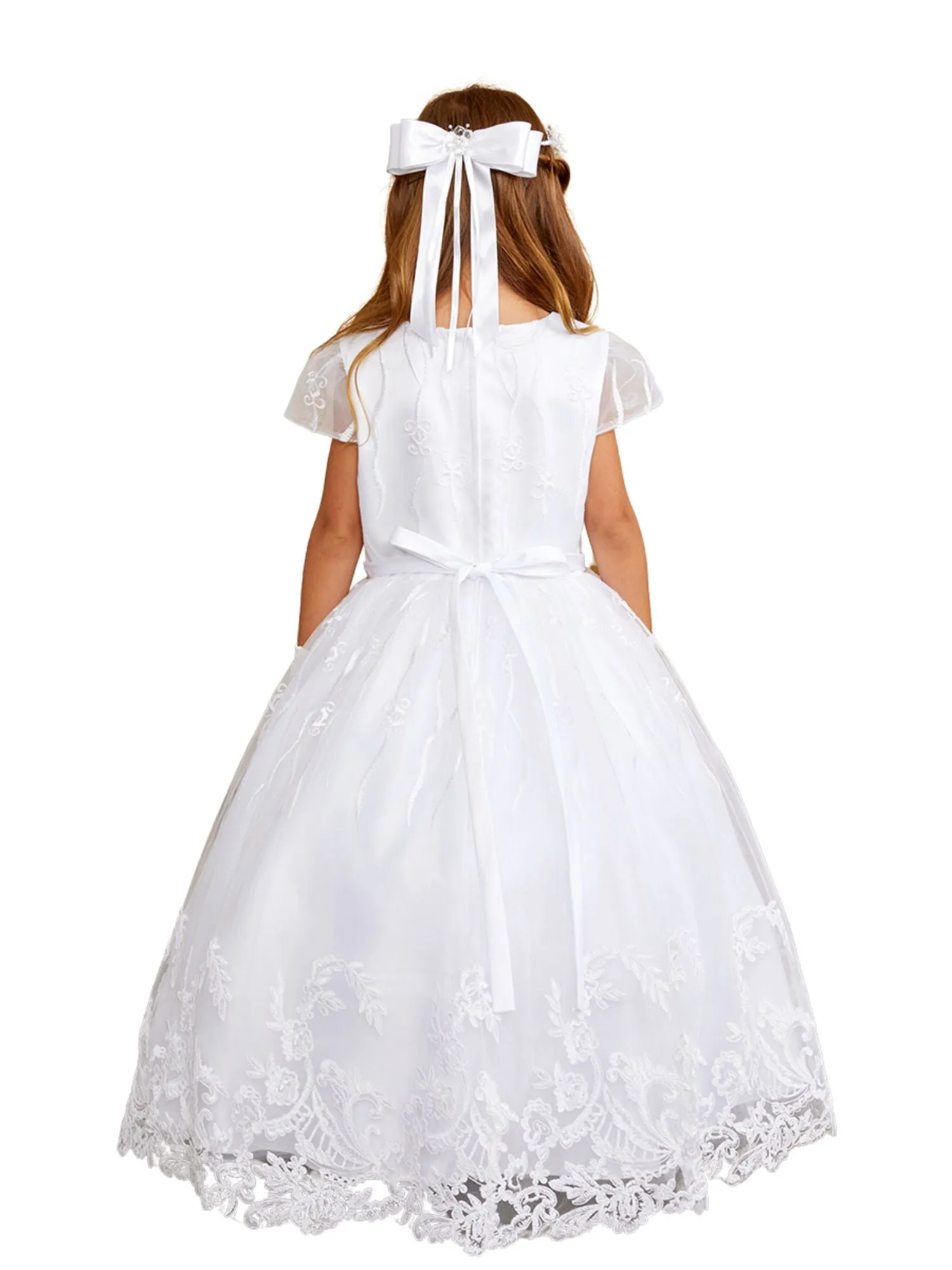 Girls White Floral Lace Applique Communion Dress, Sizes 7-18