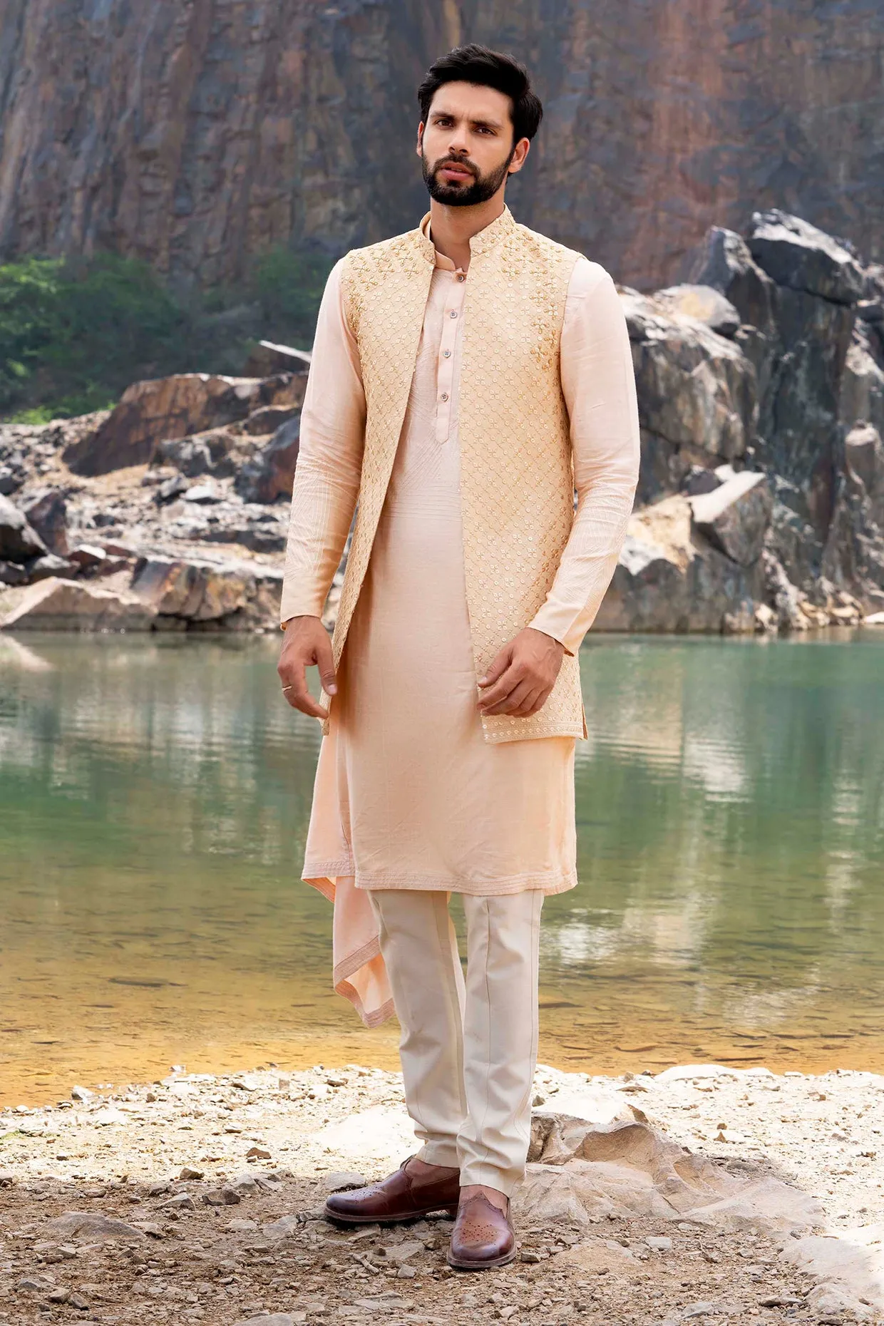 Gold Coloured Kurta Jacket Set With Box Pants