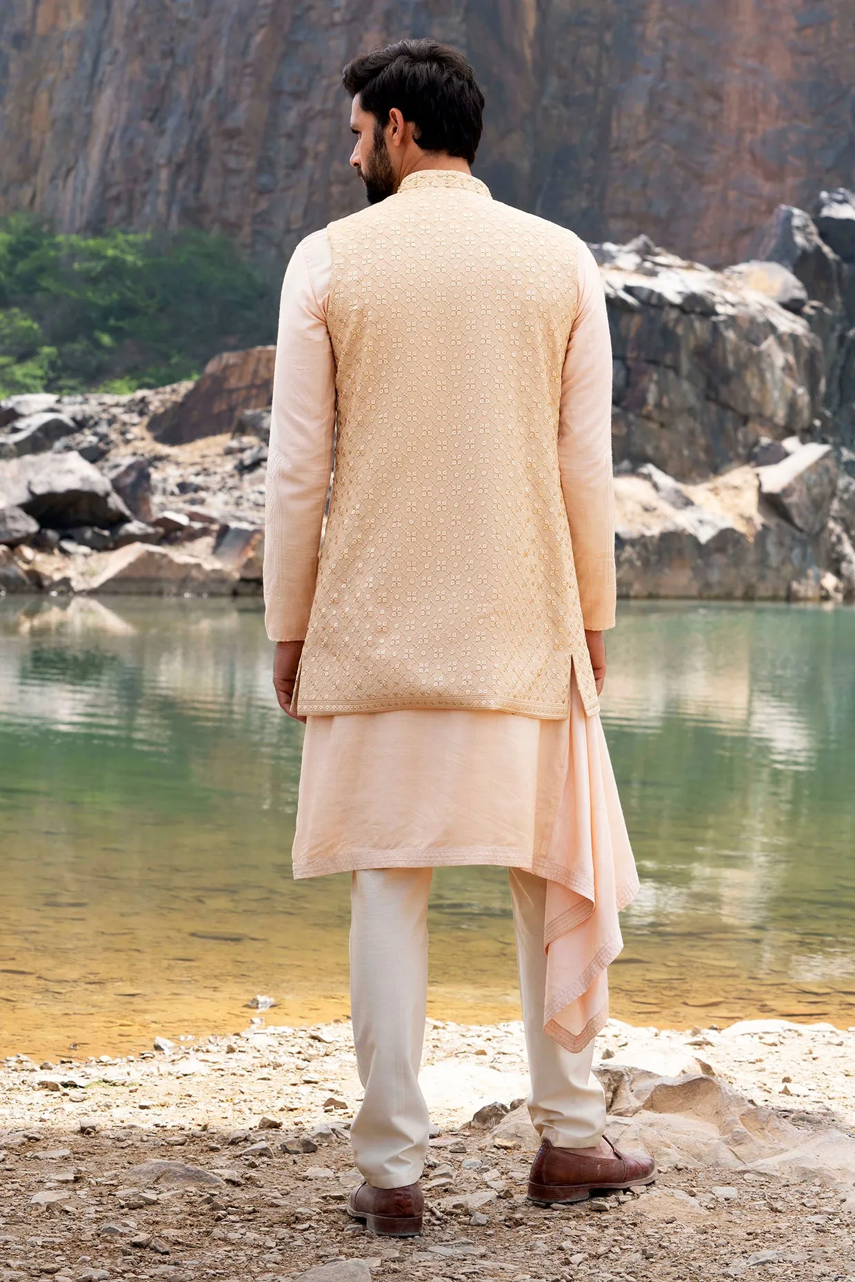 Gold Coloured Kurta Jacket Set With Box Pants