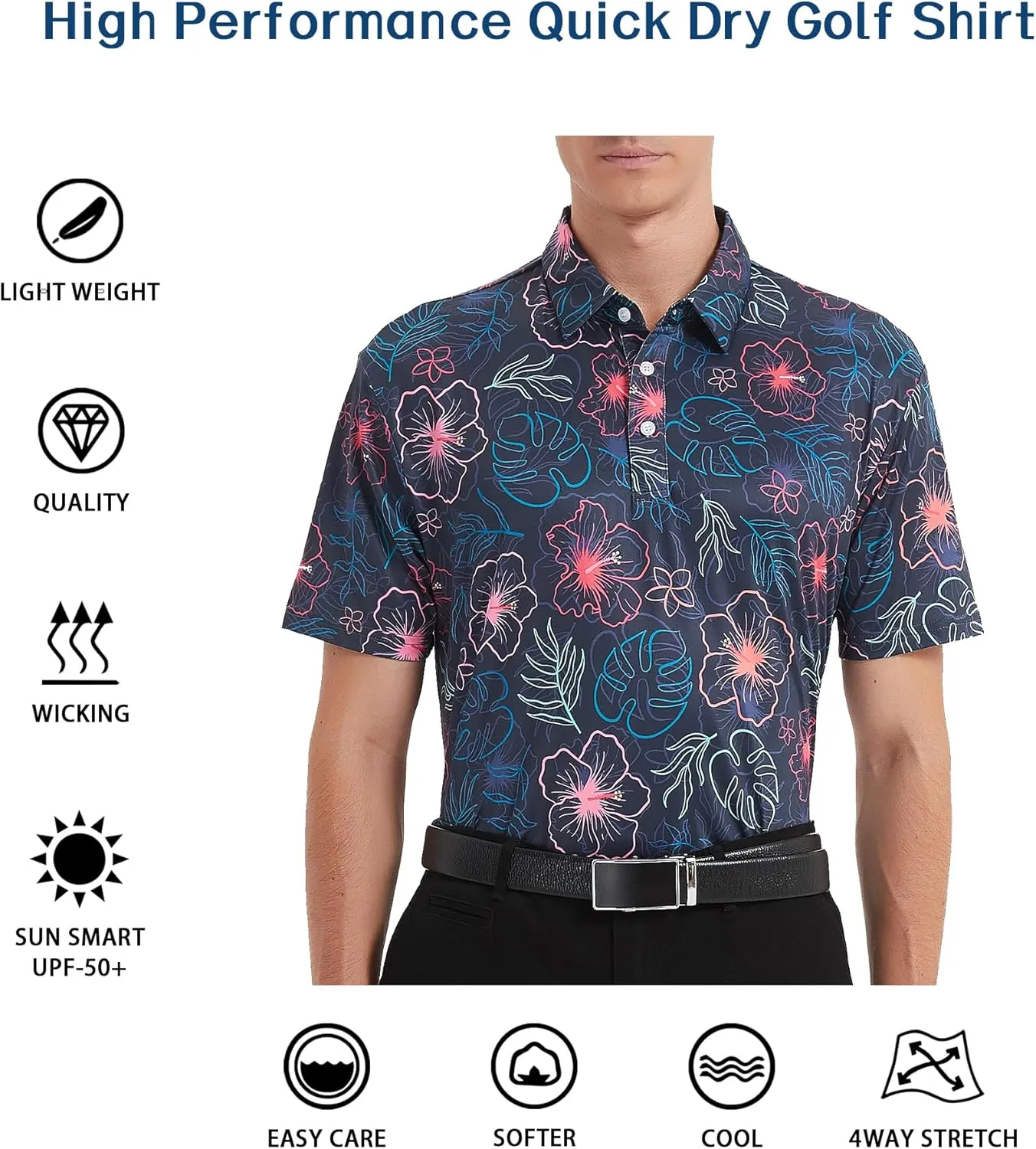 Golf Shirts for Men Dry Fit Short Sleeve Print Performance Moisture Wicking Golf Polo Shirts for Men