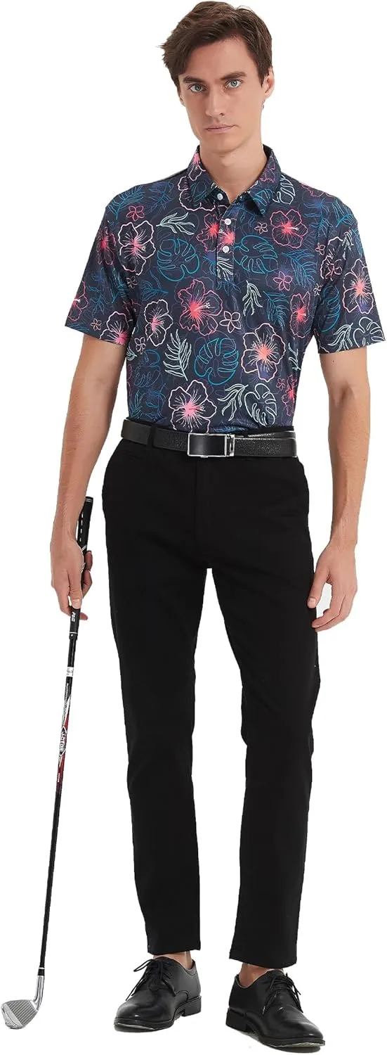 Golf Shirts for Men Dry Fit Short Sleeve Print Performance Moisture Wicking Golf Polo Shirts for Men