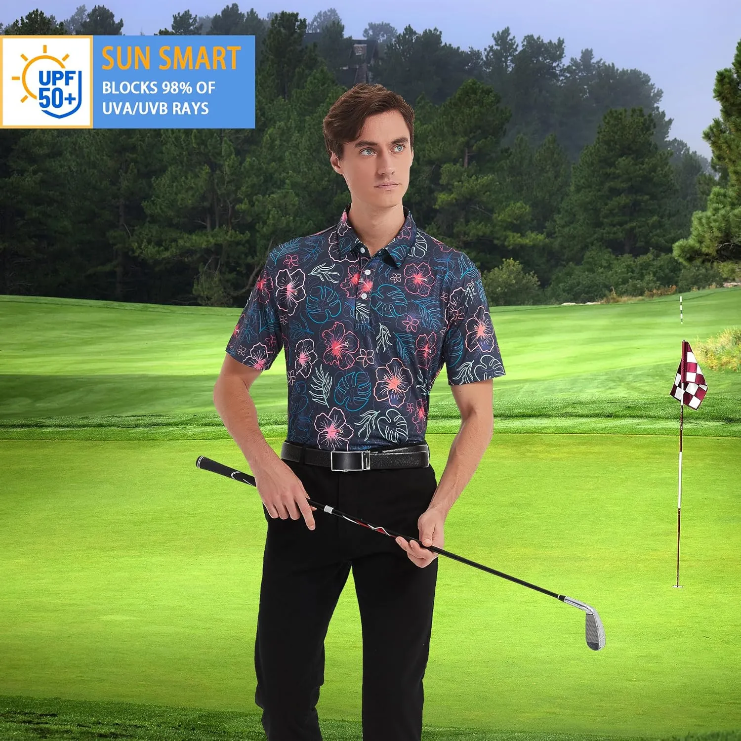 Golf Shirts for Men Dry Fit Short Sleeve Print Performance Moisture Wicking Golf Polo Shirts for Men