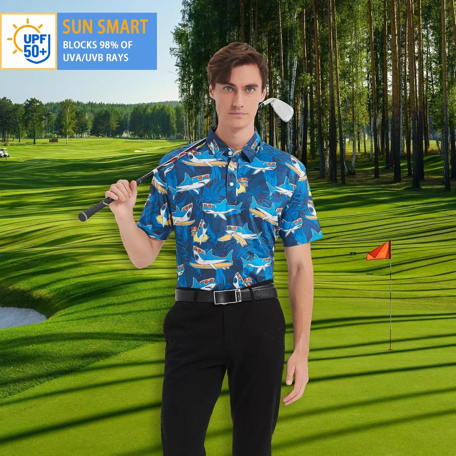 Golf Shirts for Men Dry Fit Short Sleeve Print Performance Moisture Wicking Golf Polo Shirts for Men