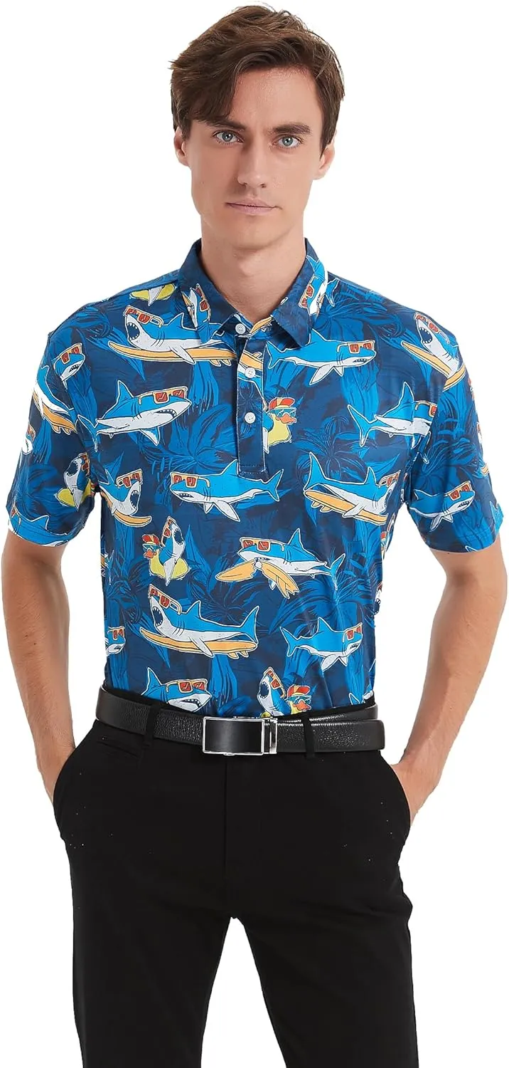 Golf Shirts for Men Dry Fit Short Sleeve Print Performance Moisture Wicking Golf Polo Shirts for Men