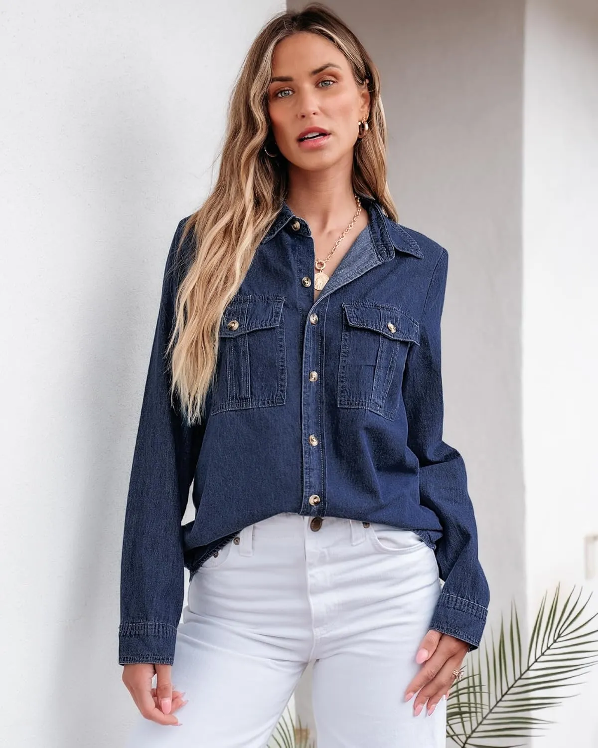 GRAPENT Denim Button Down Shirts for Women Long Sleeve Western Top Casual Cotton Relaxed Fit Jean Shirt Jacket Shacket
