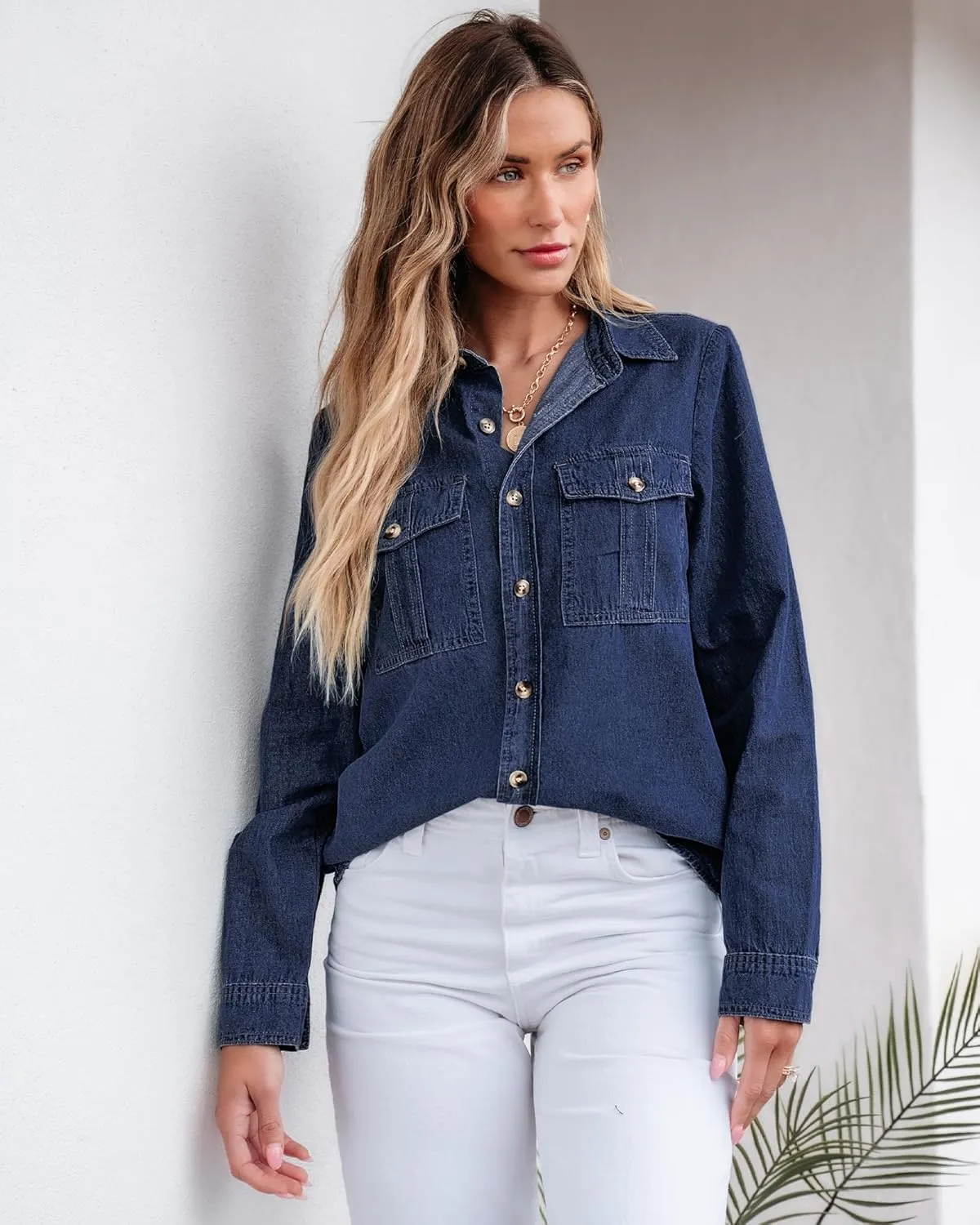 GRAPENT Denim Button Down Shirts for Women Long Sleeve Western Top Casual Cotton Relaxed Fit Jean Shirt Jacket Shacket