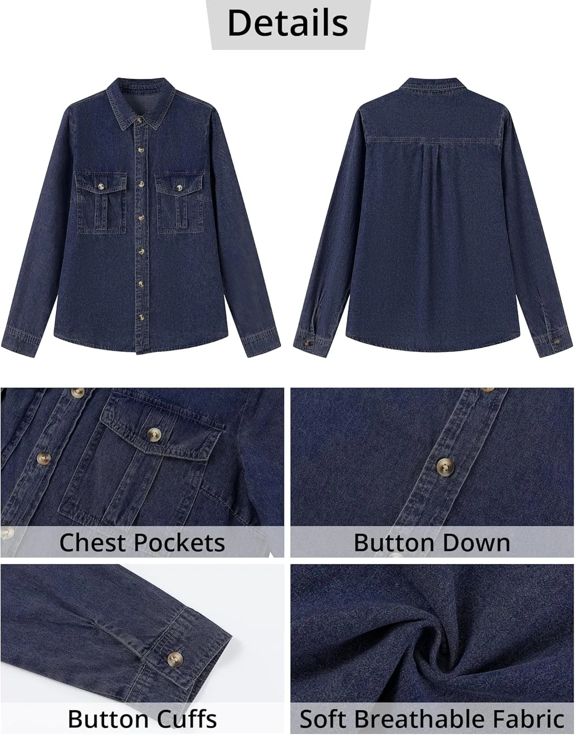 GRAPENT Denim Button Down Shirts for Women Long Sleeve Western Top Casual Cotton Relaxed Fit Jean Shirt Jacket Shacket