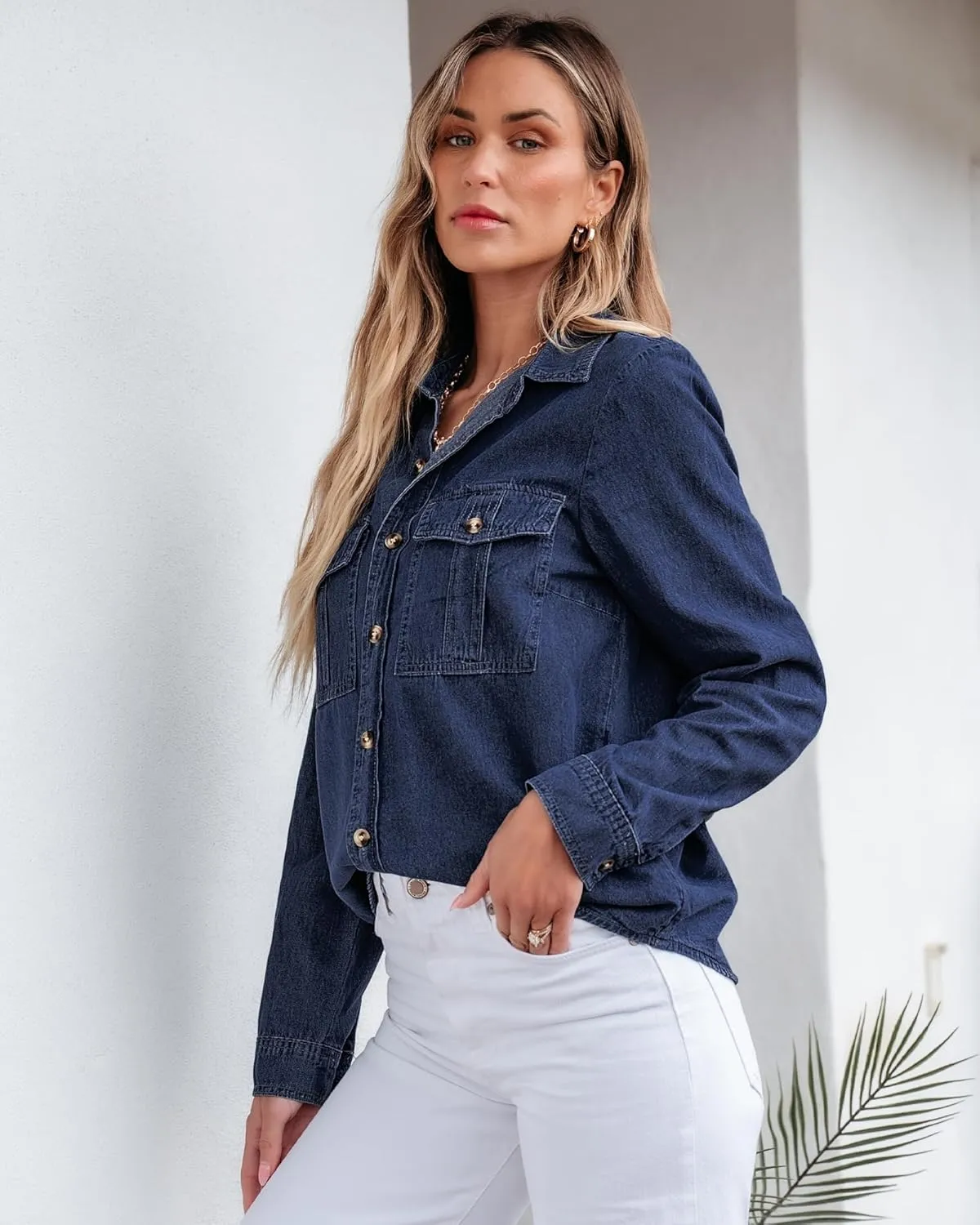 GRAPENT Denim Button Down Shirts for Women Long Sleeve Western Top Casual Cotton Relaxed Fit Jean Shirt Jacket Shacket