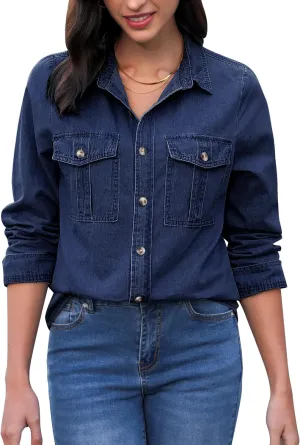 GRAPENT Denim Button Down Shirts for Women Long Sleeve Western Top Casual Cotton Relaxed Fit Jean Shirt Jacket Shacket