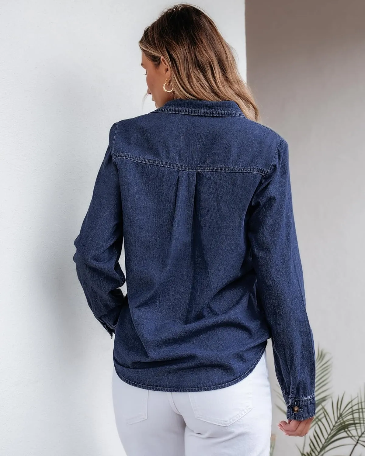 GRAPENT Denim Button Down Shirts for Women Long Sleeve Western Top Casual Cotton Relaxed Fit Jean Shirt Jacket Shacket