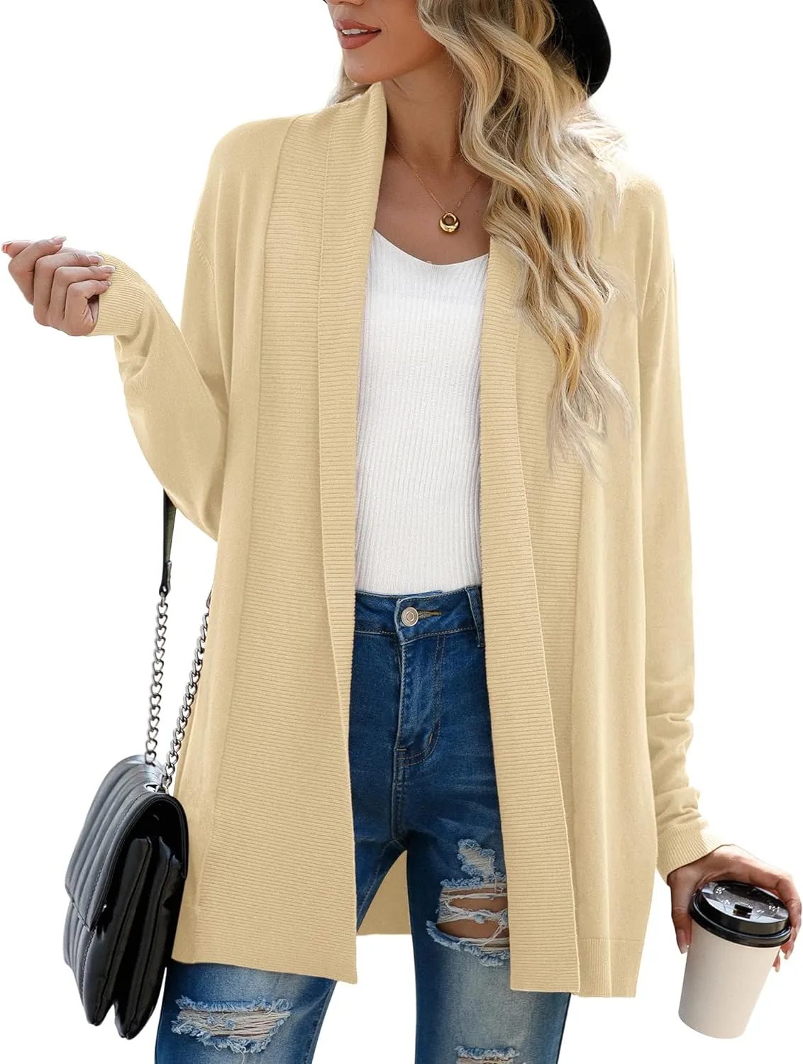 GRECERELLE Women’s Open Front Draped Lapel Cardigan Long Sleeve Loose Slouchy Lightweight Knit Soft Sweater