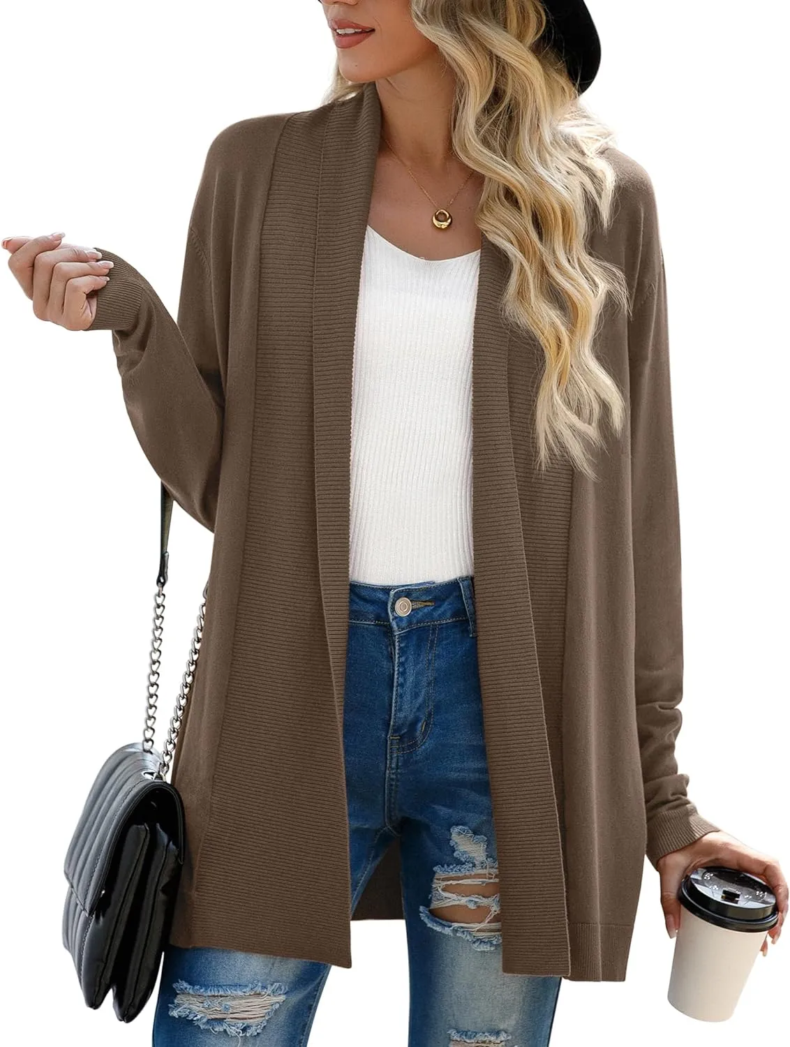 GRECERELLE Women’s Open Front Draped Lapel Cardigan Long Sleeve Loose Slouchy Lightweight Knit Soft Sweater