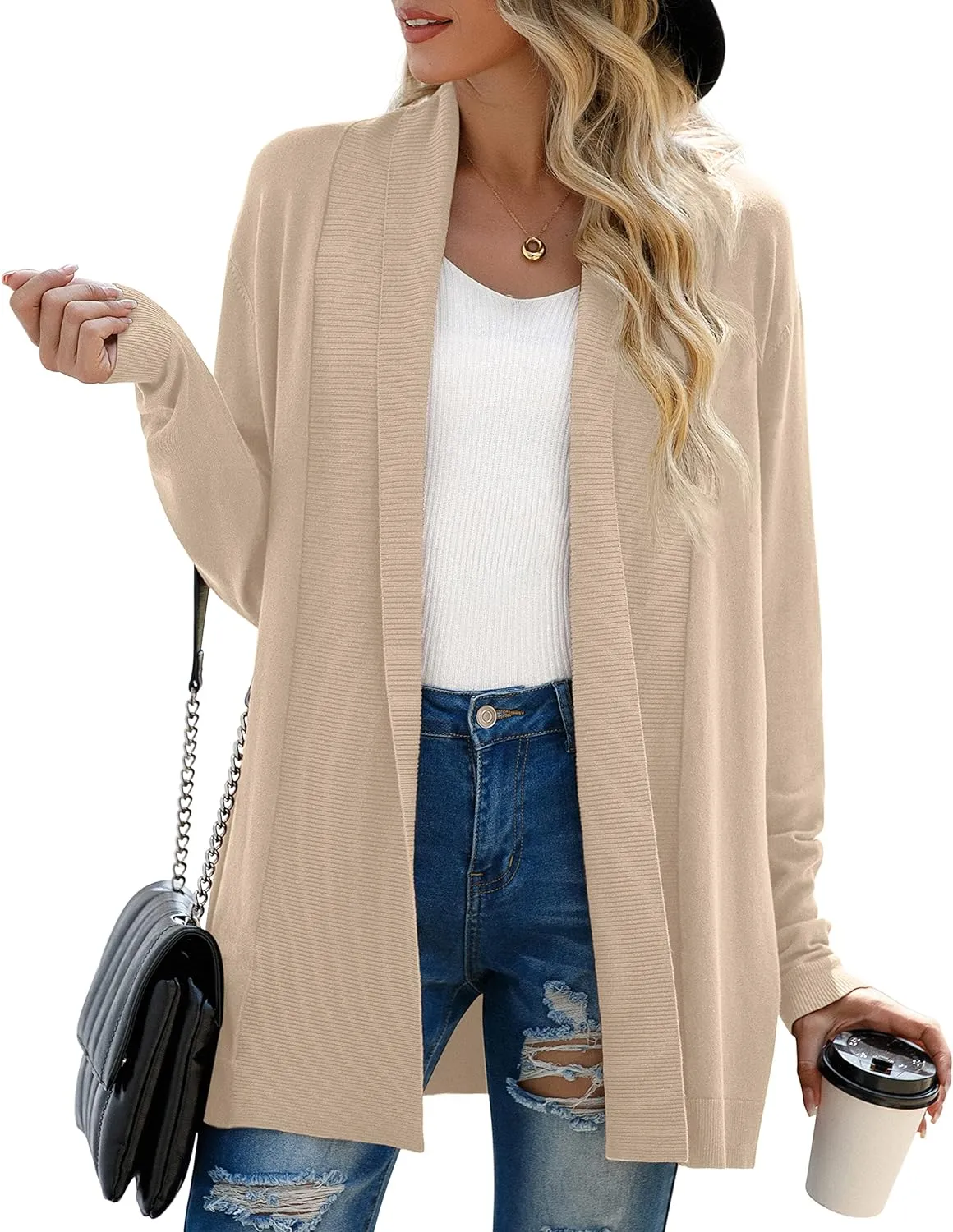 GRECERELLE Women’s Open Front Draped Lapel Cardigan Long Sleeve Loose Slouchy Lightweight Knit Soft Sweater