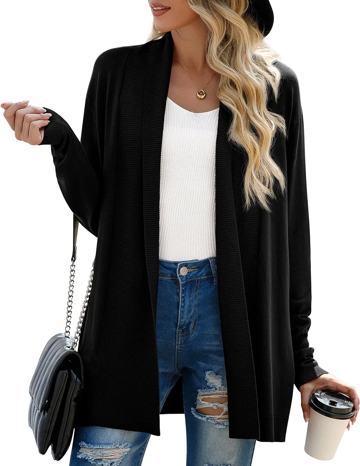 GRECERELLE Women’s Open Front Draped Lapel Cardigan Long Sleeve Loose Slouchy Lightweight Knit Soft Sweater