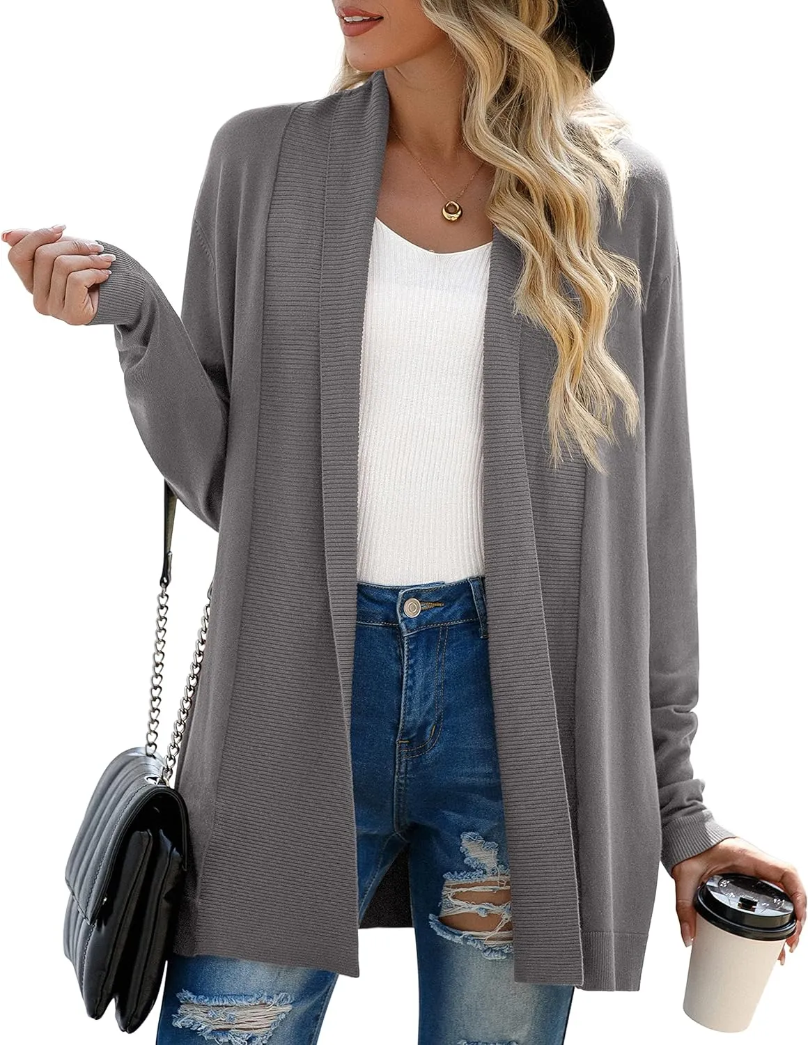 GRECERELLE Women’s Open Front Draped Lapel Cardigan Long Sleeve Loose Slouchy Lightweight Knit Soft Sweater