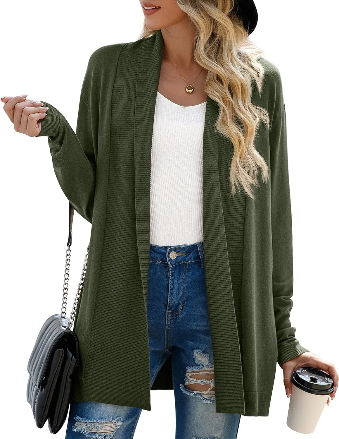 GRECERELLE Women’s Open Front Draped Lapel Cardigan Long Sleeve Loose Slouchy Lightweight Knit Soft Sweater