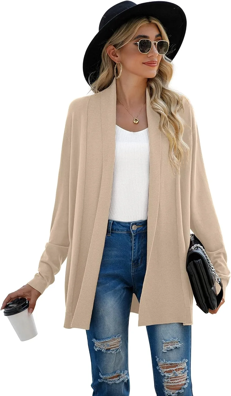 GRECERELLE Women’s Open Front Draped Lapel Cardigan Long Sleeve Loose Slouchy Lightweight Knit Soft Sweater