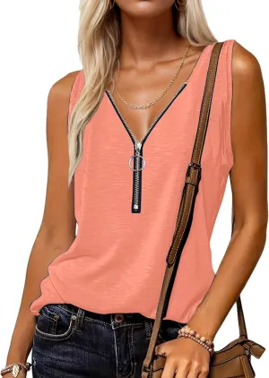 Halife Womens Half Zip V Neck Tank Tops Summer Sleeveless Shirts Casual Loose Top Blouses T Shirts