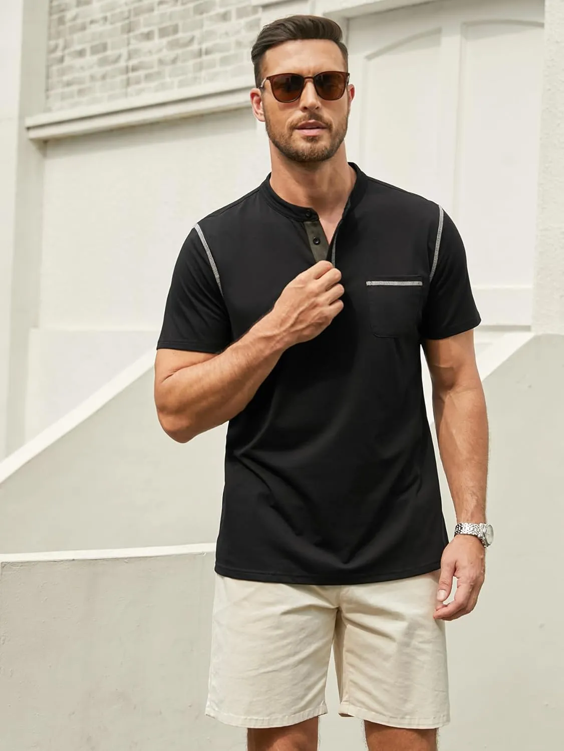 Hardaddy Men's Short Sleeve Henley Shirts Casual Summer Lightweight Button Henley Solid T-Shirt Tops