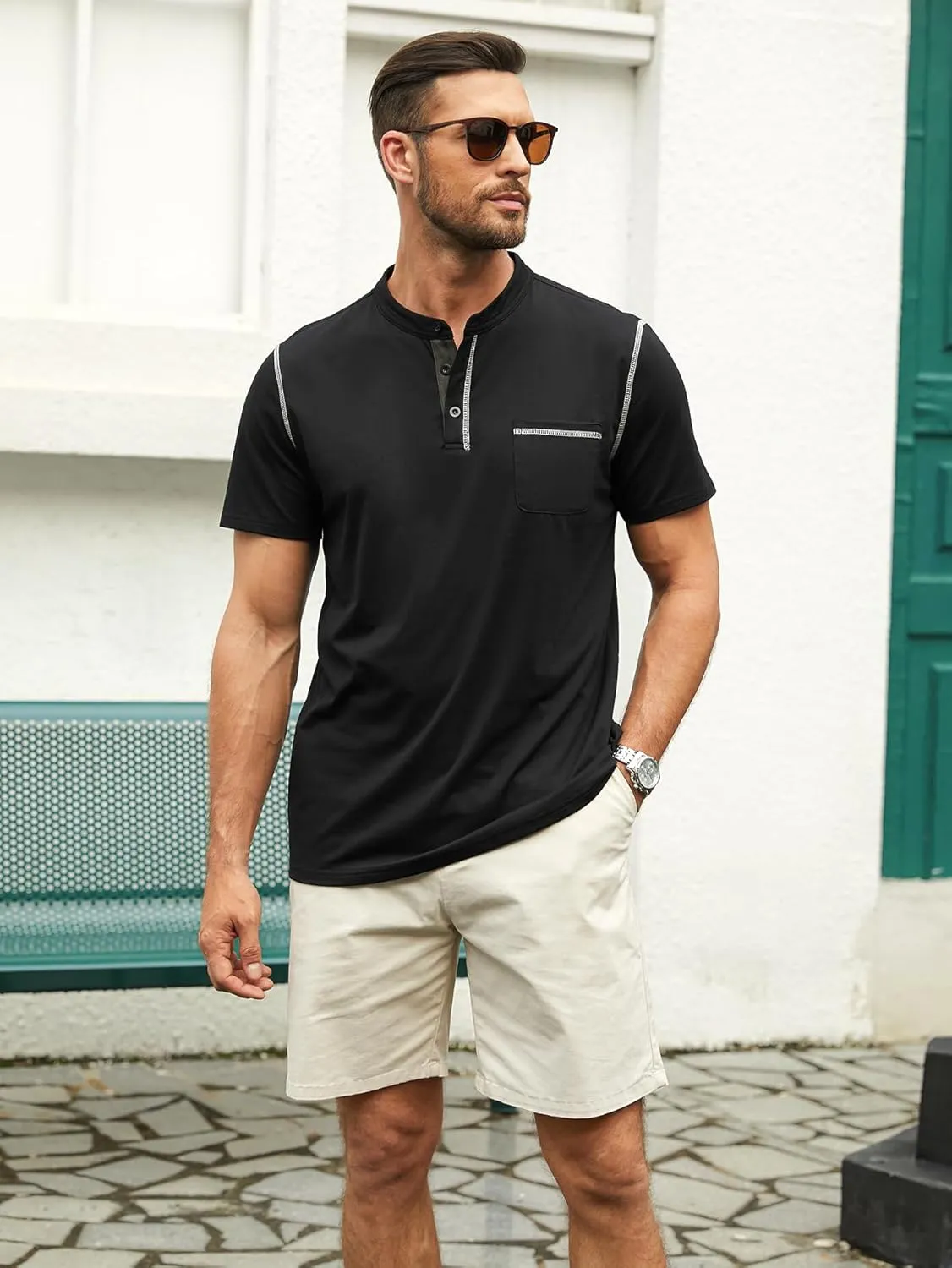 Hardaddy Men's Short Sleeve Henley Shirts Casual Summer Lightweight Button Henley Solid T-Shirt Tops