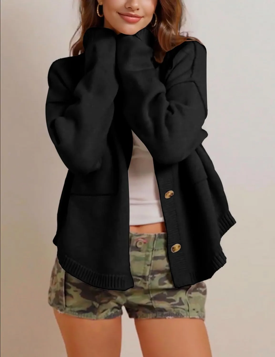 hathne Cardigan Sweaters for Women Trendy Oversized Open Front Button Short Cardigan Jackets Fall Winter