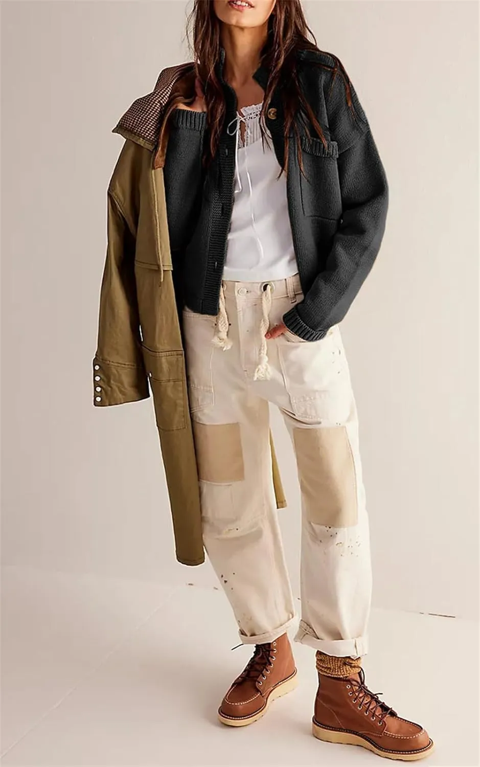 hathne Cardigan Sweaters for Women Trendy Oversized Open Front Button Short Cardigan Jackets Fall Winter