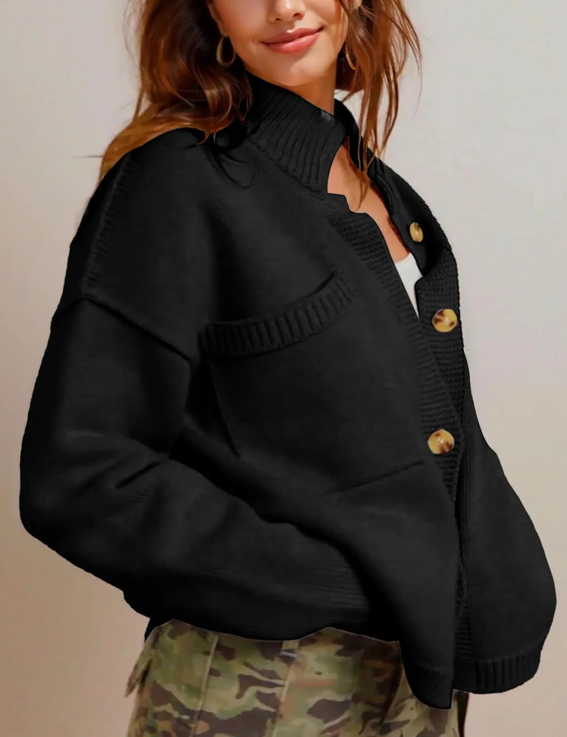 hathne Cardigan Sweaters for Women Trendy Oversized Open Front Button Short Cardigan Jackets Fall Winter