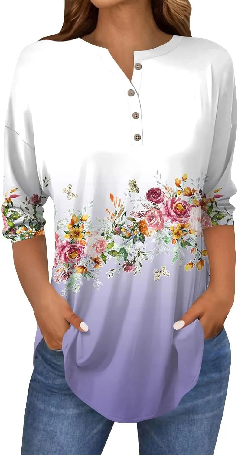 Henley Summer Shirts 3/4 Length Sleeve Womens Tops Vintage Print Casual Trendy Loose Fit 2025 Tunic Blouses