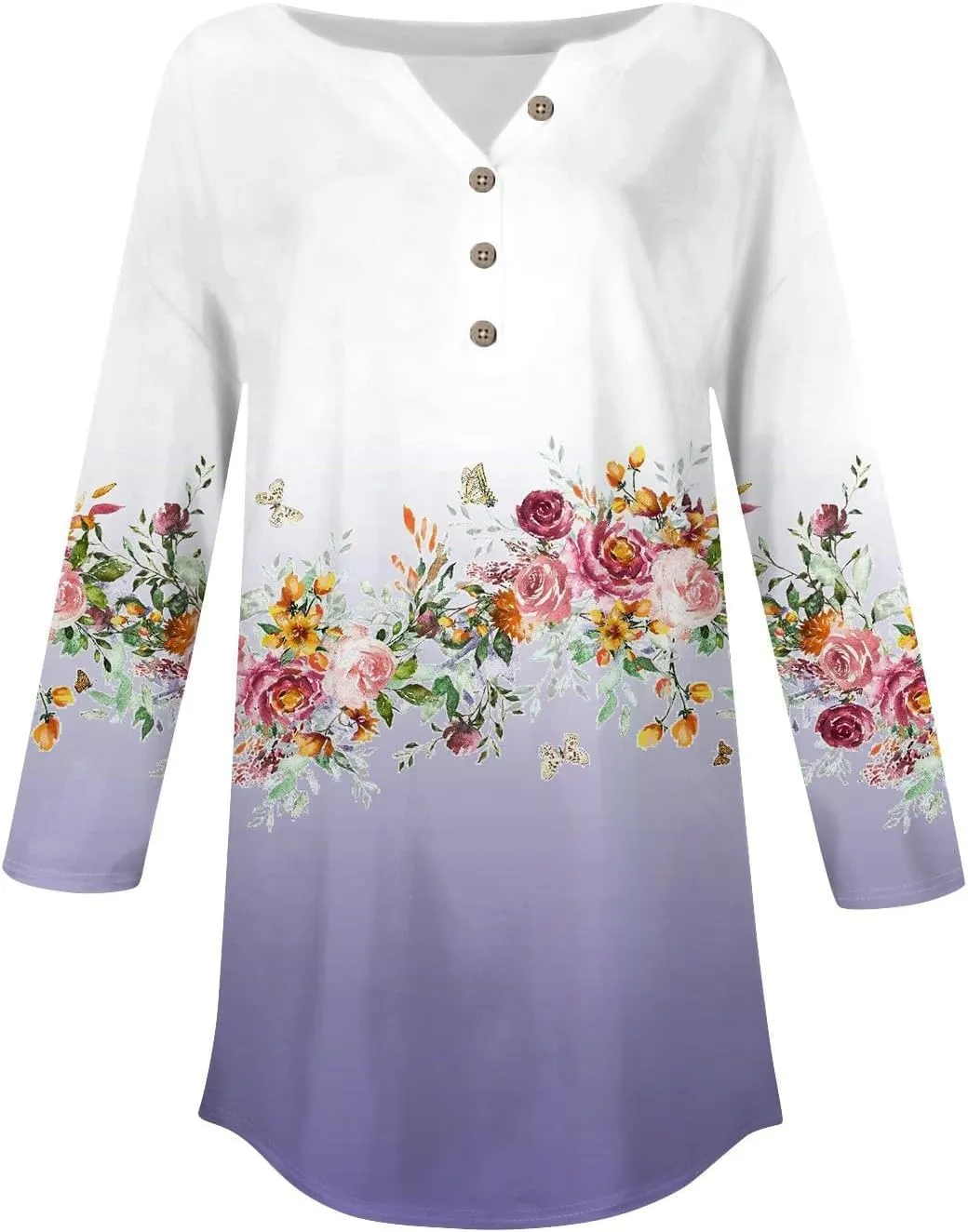 Henley Summer Shirts 3/4 Length Sleeve Womens Tops Vintage Print Casual Trendy Loose Fit 2025 Tunic Blouses