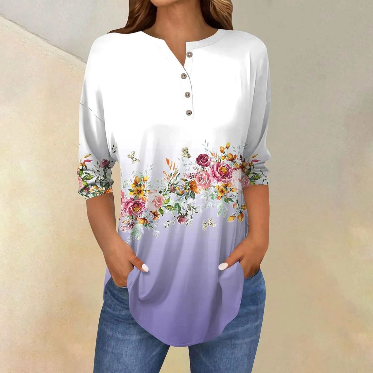 Henley Summer Shirts 3/4 Length Sleeve Womens Tops Vintage Print Casual Trendy Loose Fit 2025 Tunic Blouses
