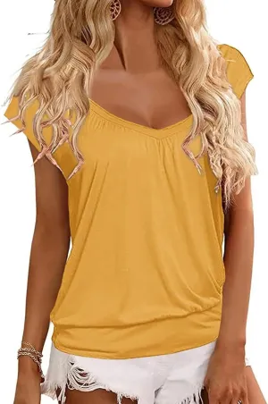 Hongqizo Womens V Neck T Shirts Cap Sleeve Summer Casual Shirts Banded-Bottom Loose Fit Basic Tops