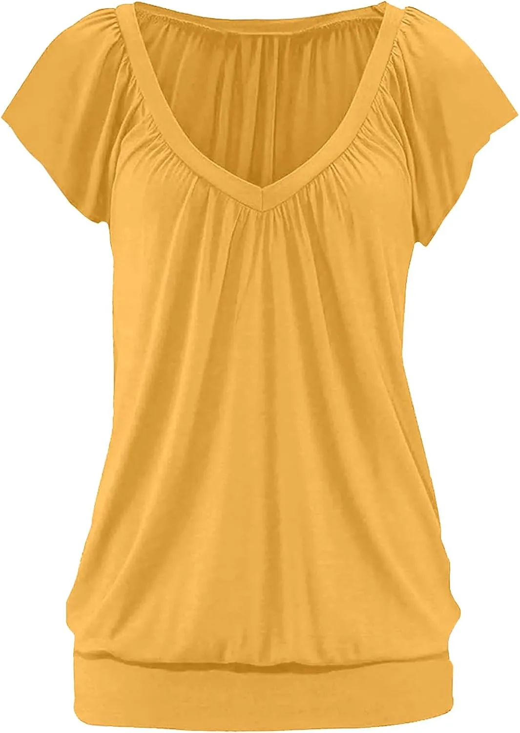 Hongqizo Womens V Neck T Shirts Cap Sleeve Summer Casual Shirts Banded-Bottom Loose Fit Basic Tops