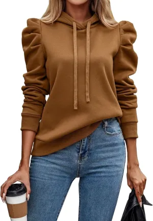 Hoodies for Women Drawstring Puff Long Sleeve Sweatshirt Casual Loose Fit Hooded Neck Pullover Sweater