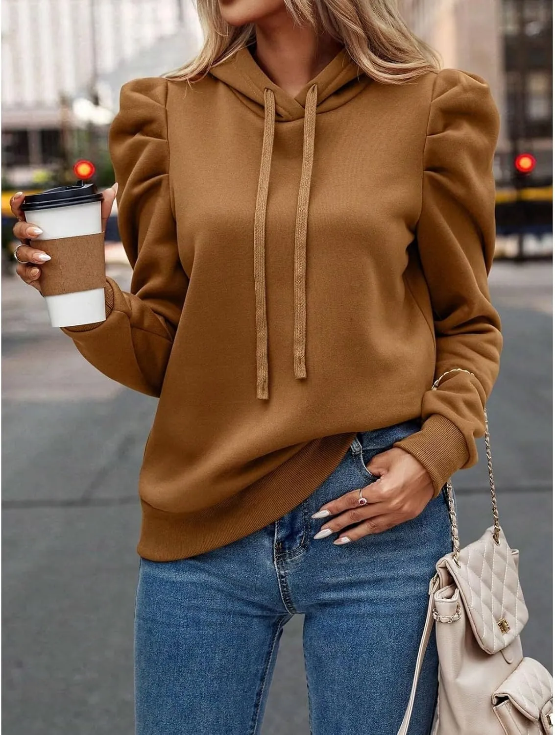 Hoodies for Women Drawstring Puff Long Sleeve Sweatshirt Casual Loose Fit Hooded Neck Pullover Sweater