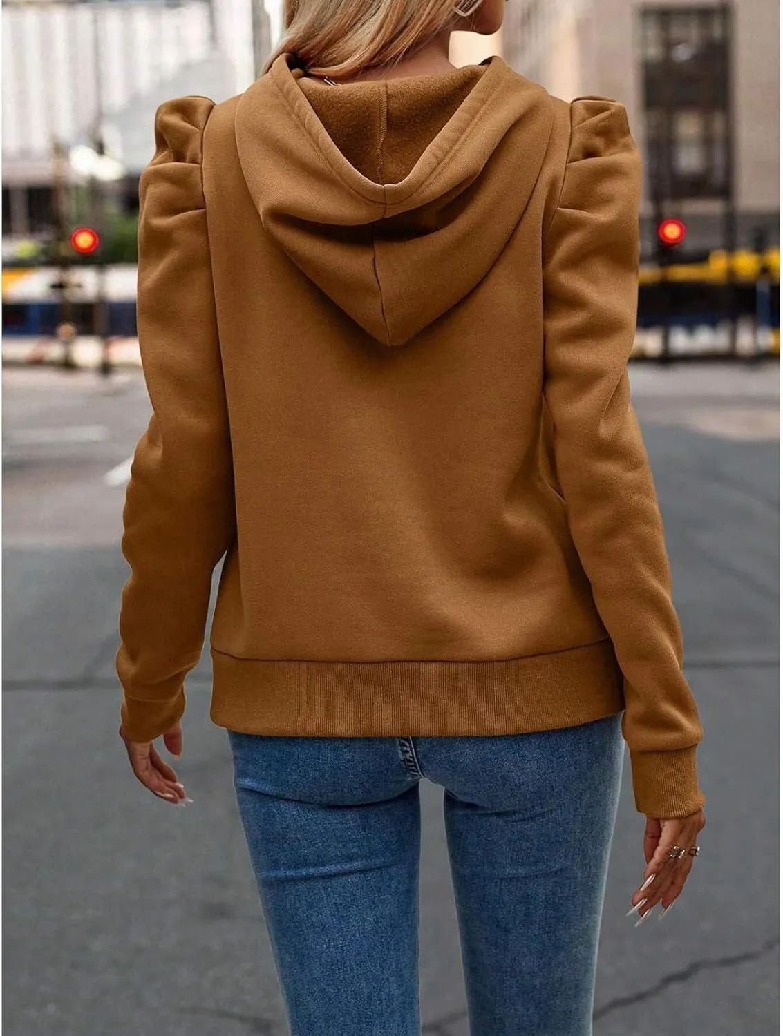 Hoodies for Women Drawstring Puff Long Sleeve Sweatshirt Casual Loose Fit Hooded Neck Pullover Sweater