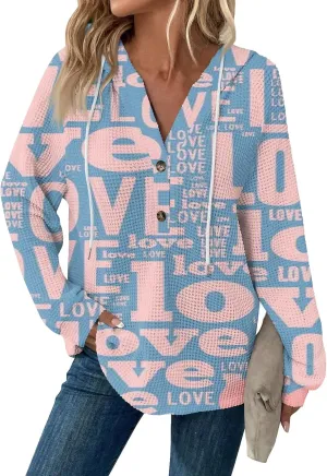 Hoodies For Women Trendy Long Sleeve V Neck Buttons Shirts Fashion Pullover Waffle Kint Tops Oversized Sweatshirts